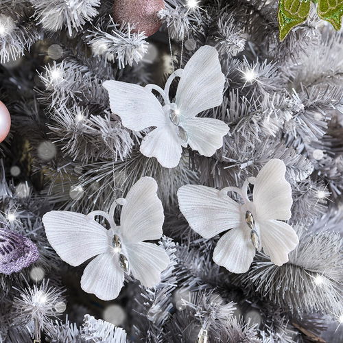 Set of 3 White Glitter Jewelled Butterfly Christmas Decorations - 10cm