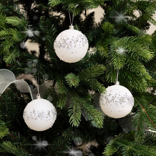 Set of 3 White Glitter Silver Jewel Baubles - 9cm