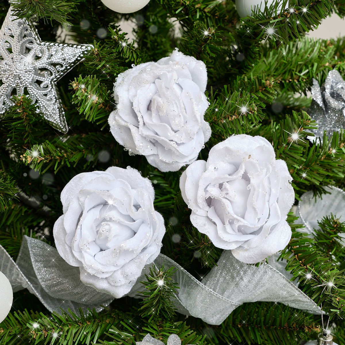 Set of 3 White Velvet Glitter Rose Clip Christmas Decoration - 10cm