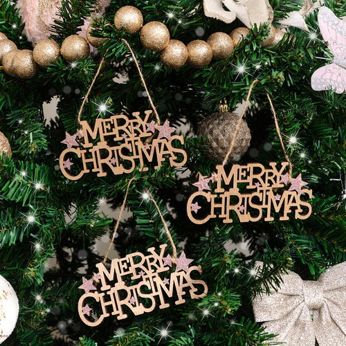 Set of 3 Wooden Pink Glitter Merry Christmas Decorations