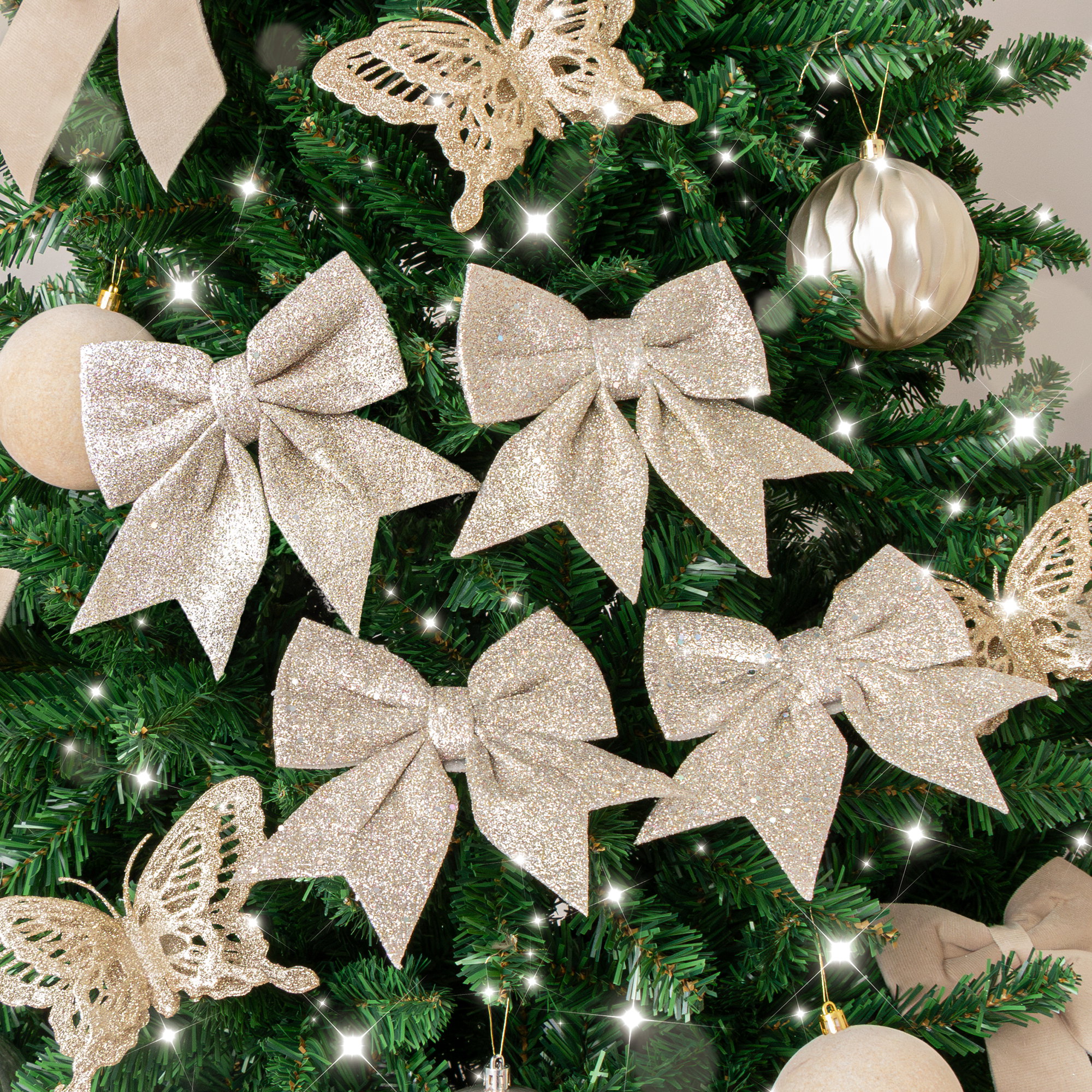 Set of 4 Champagne Glitter Christmas Bows