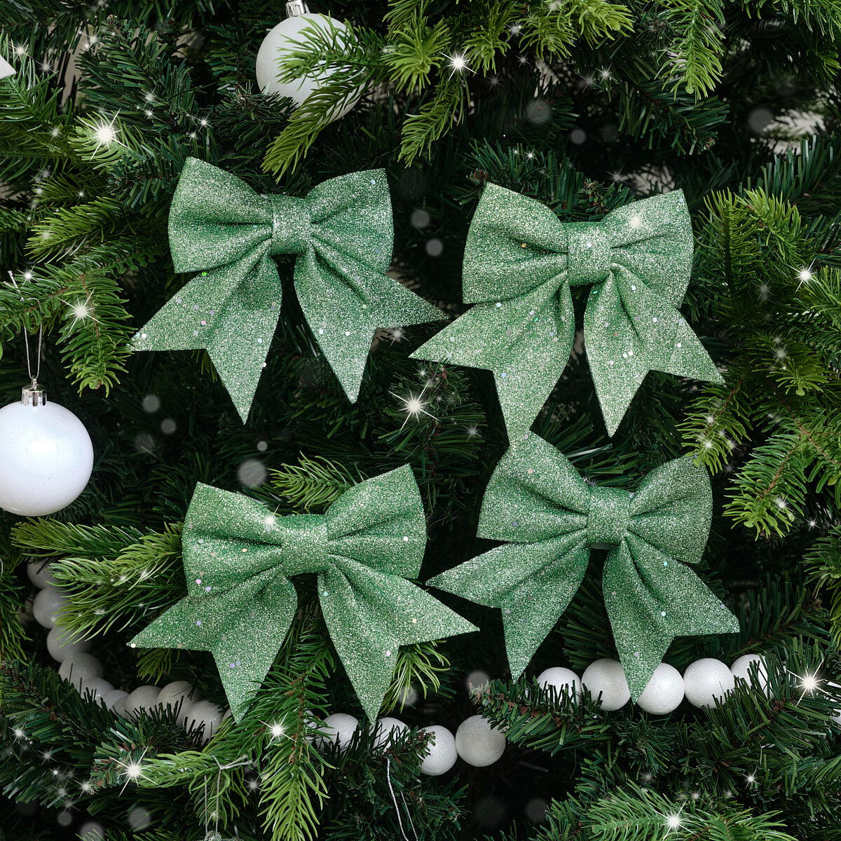 Set of 4 Sage Green Glitter Christmas Bows