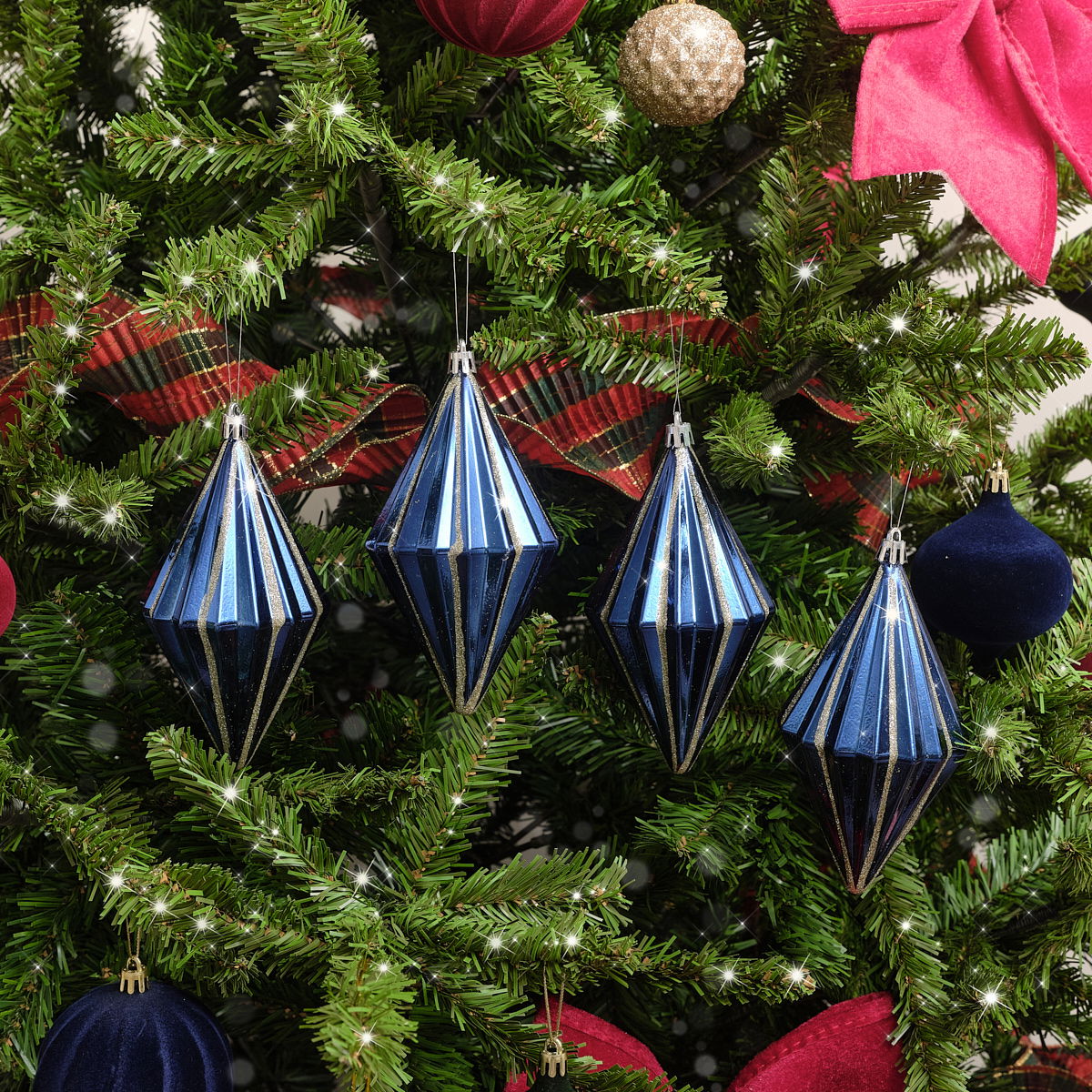 Set of 4 Navy Blue & Silver Glitter Diamond Baubles