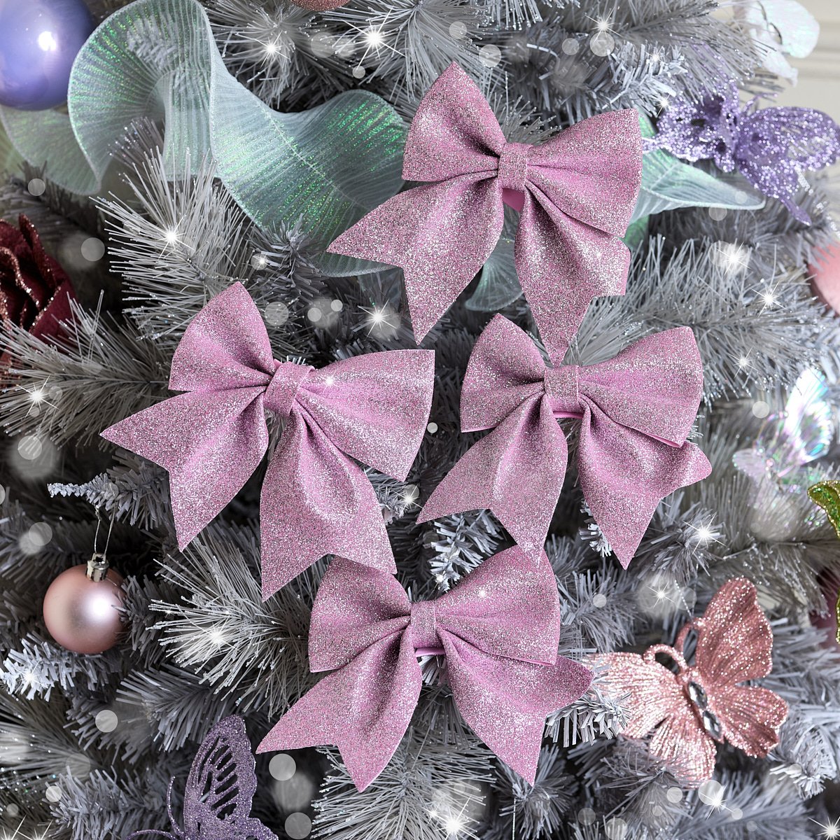 Set of 4 Pink Glitter Bows - Christmas Tree Decoration 