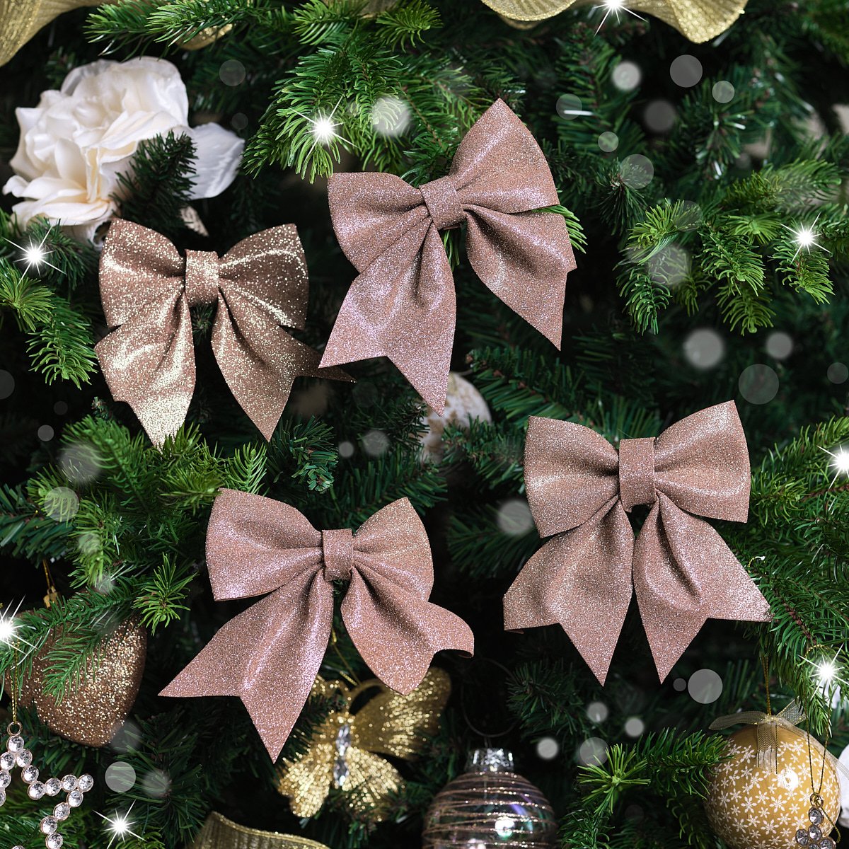 Set of 4 Rose Gold Glitter Bow Christmas Decorations - 12cm