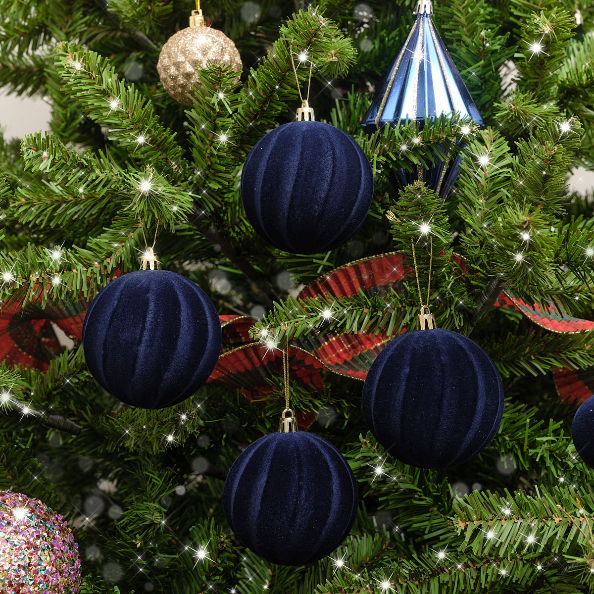 Set of 4 Round Flocked Navy Blue Twist Baubles