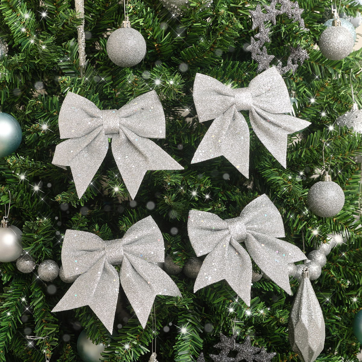 Set Of 4 Silver Glitter Bows