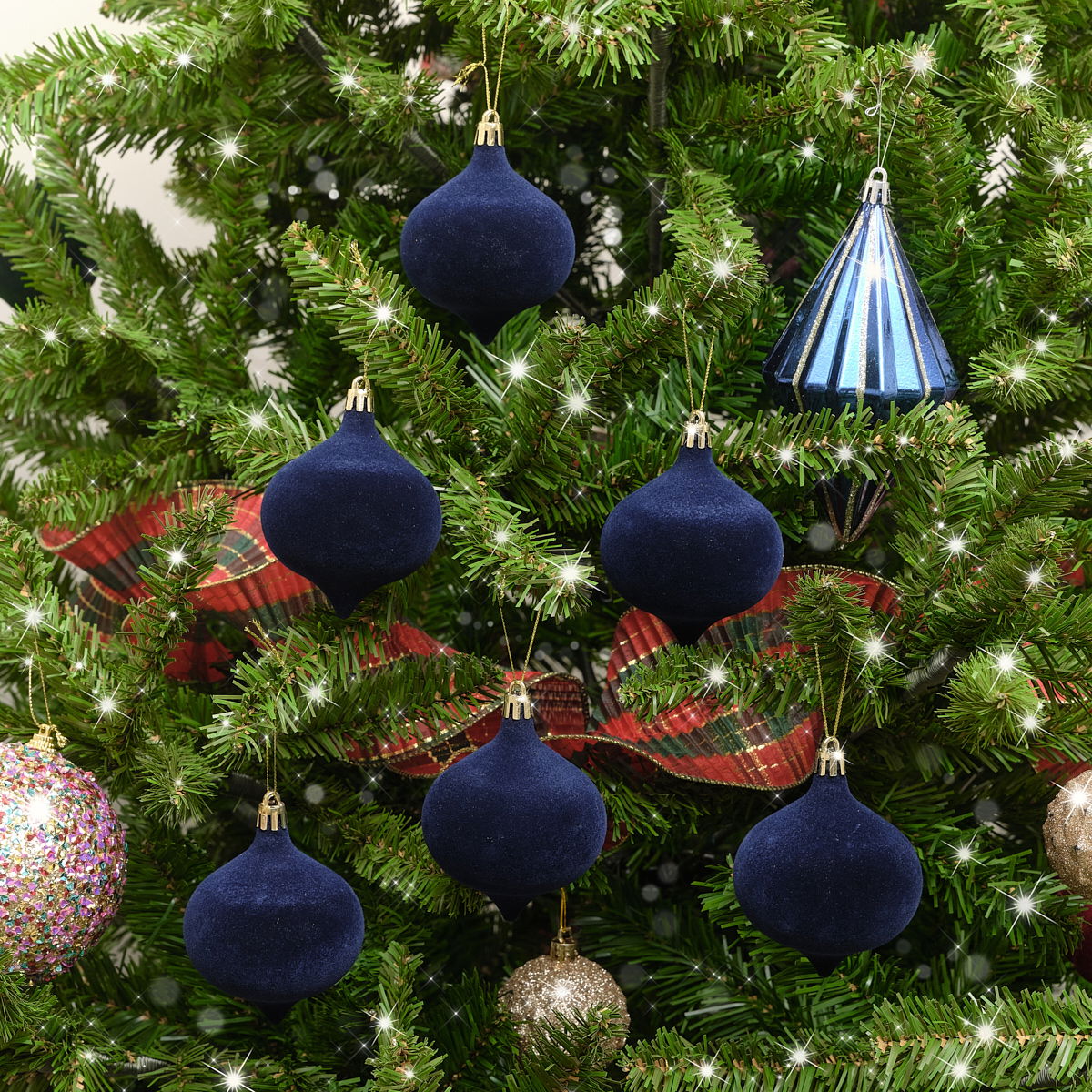 Set Of 6 Navy Blue Velvet Flocked Baubles