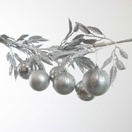 Set of 6 Silver Glitter Christmas Baubles