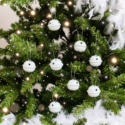 Set of 8 White Hanging Bell Christmas Decorations - 4cm