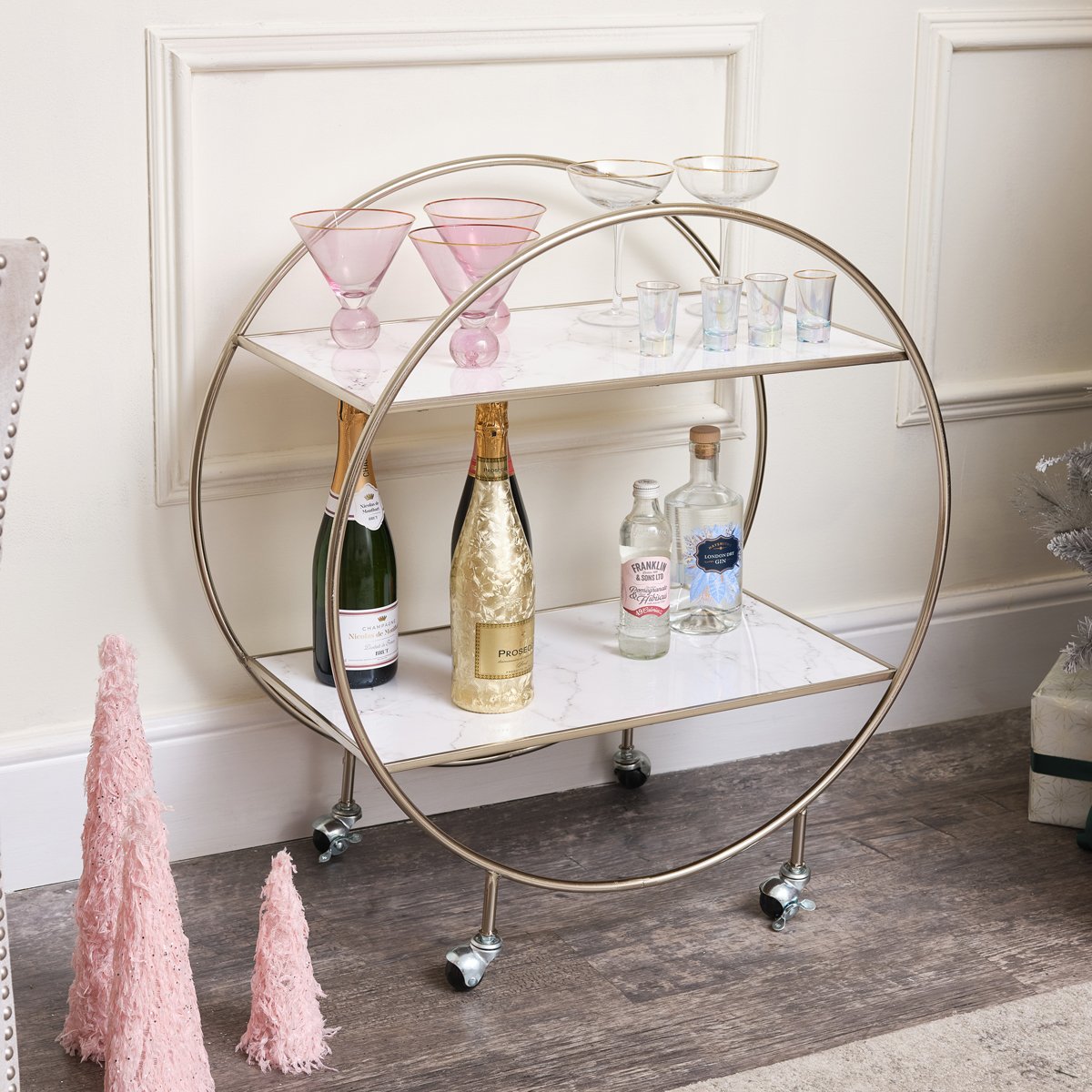 Silver & Marble Round Drinks Trolley
