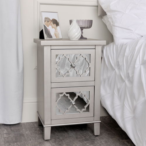 Silver Mirrored Lattice Bedside Table - Sabrina Silver Range