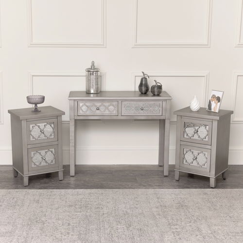 Silver Mirrored Lattice Console Table / Dressing Table & Pair of Silver Mirrored Bedside Tables - Sabrina Silver Range