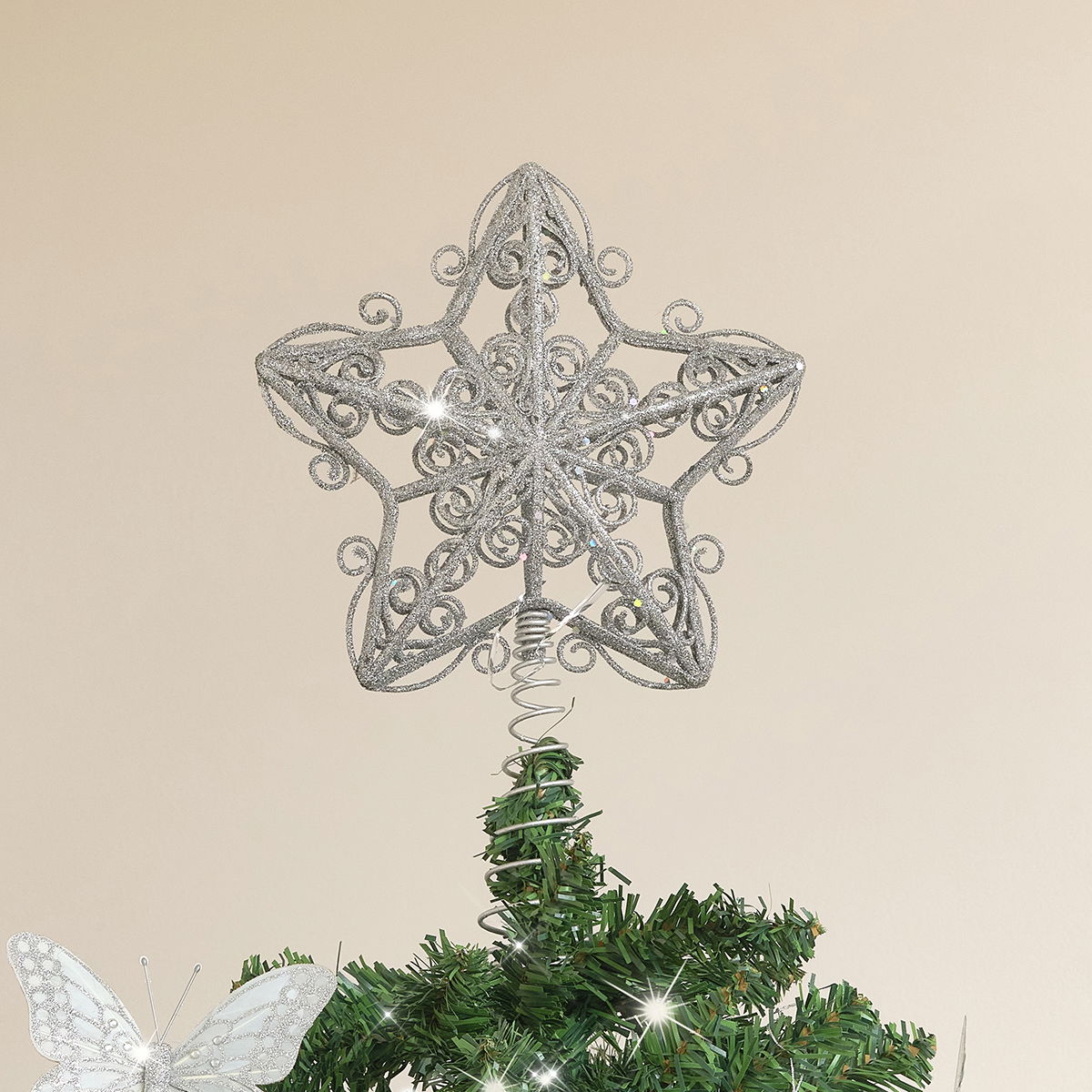 Silver Ornate Glitter Star Christmas Tree Topper