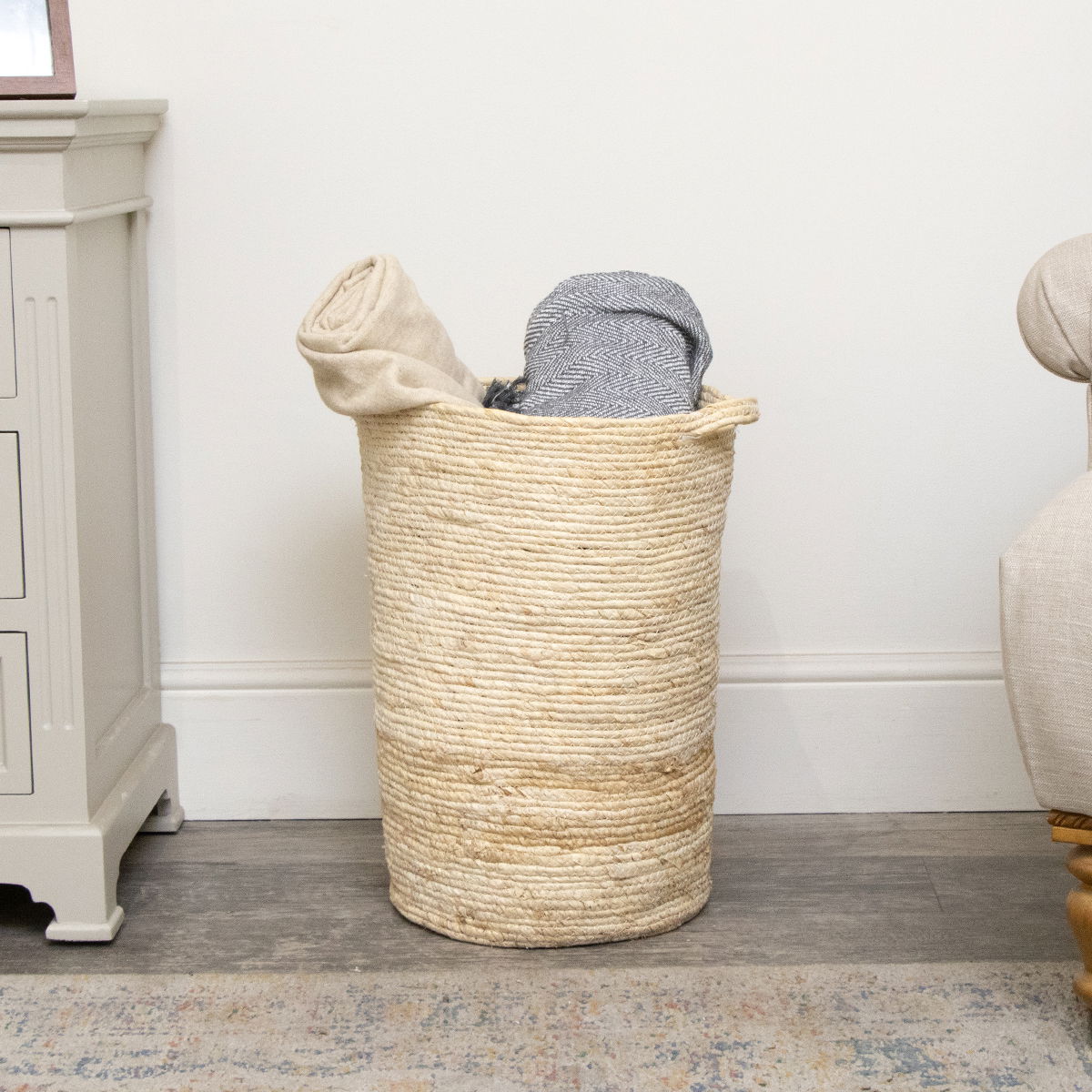Small Beige Rustic Laundry Storage Basket - 52cm