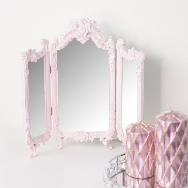 Small Pink Ornate Rose Triple Mirror - 37cm x 38cm