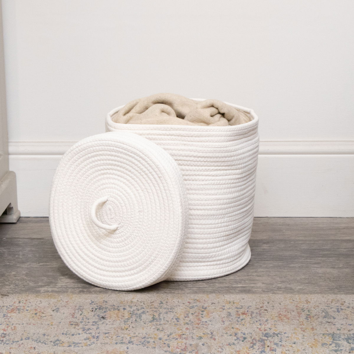 Small White Cotton Rope Lidded Storage Basket - 24cm