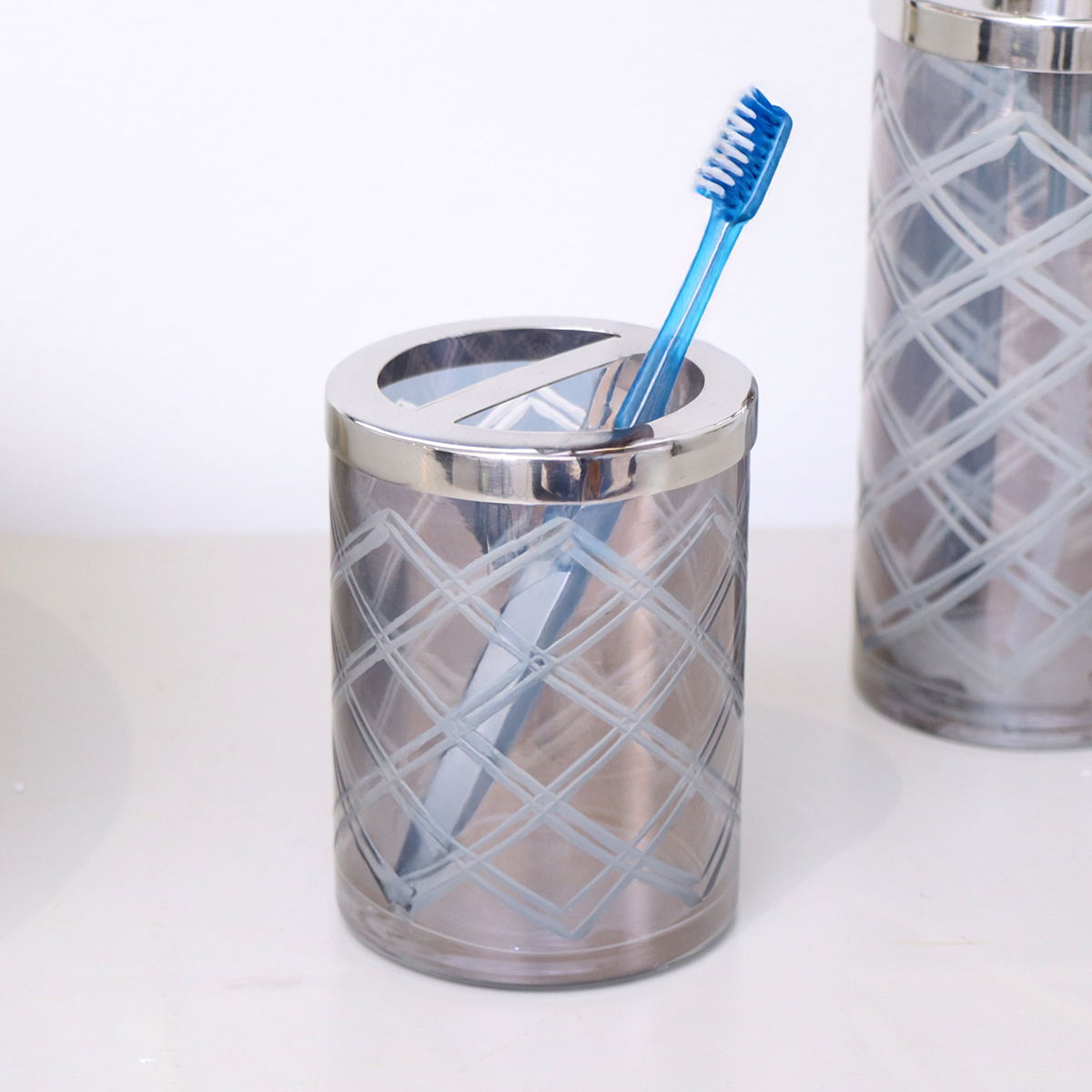 Smoked Patterned Glass Toothbrush Holder with Silver Rim 