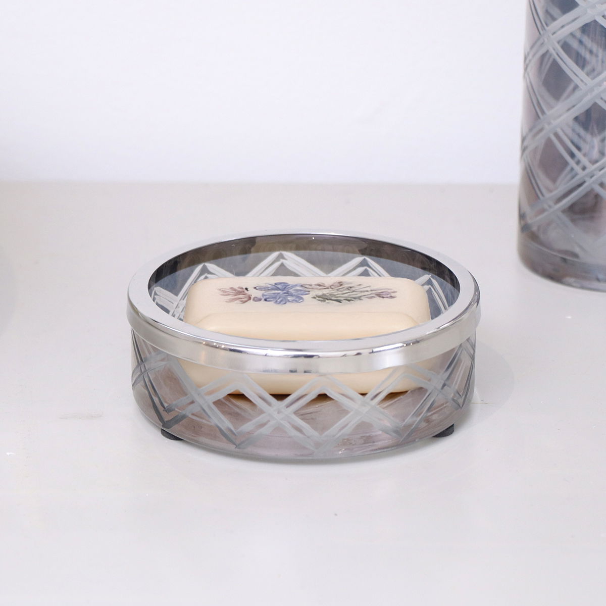 Smoked Patterned Glass Soap Dish with Silver Chrome Rim   