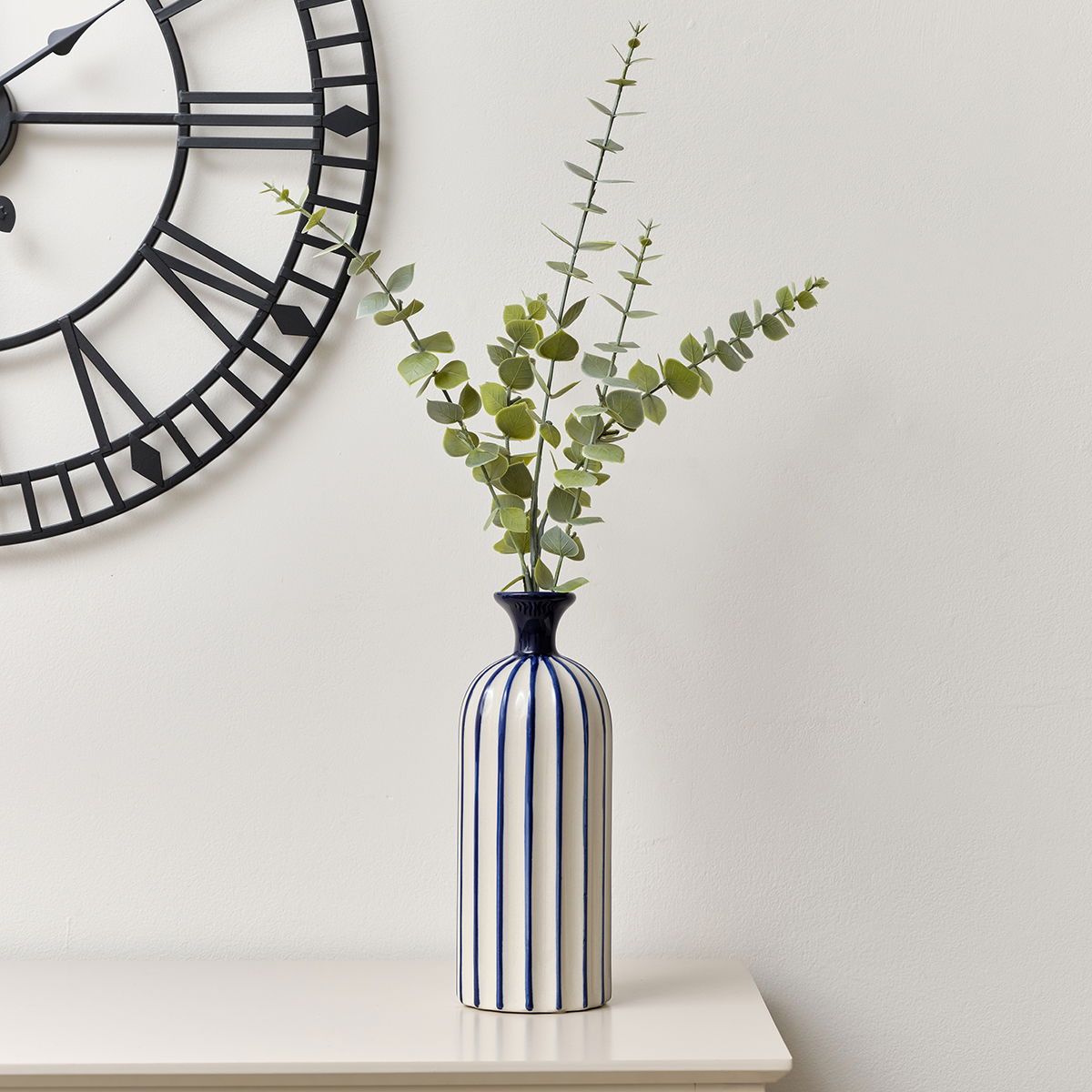 Tall Hand Painted Blue and White Striped Ceramic Vase - 27cm