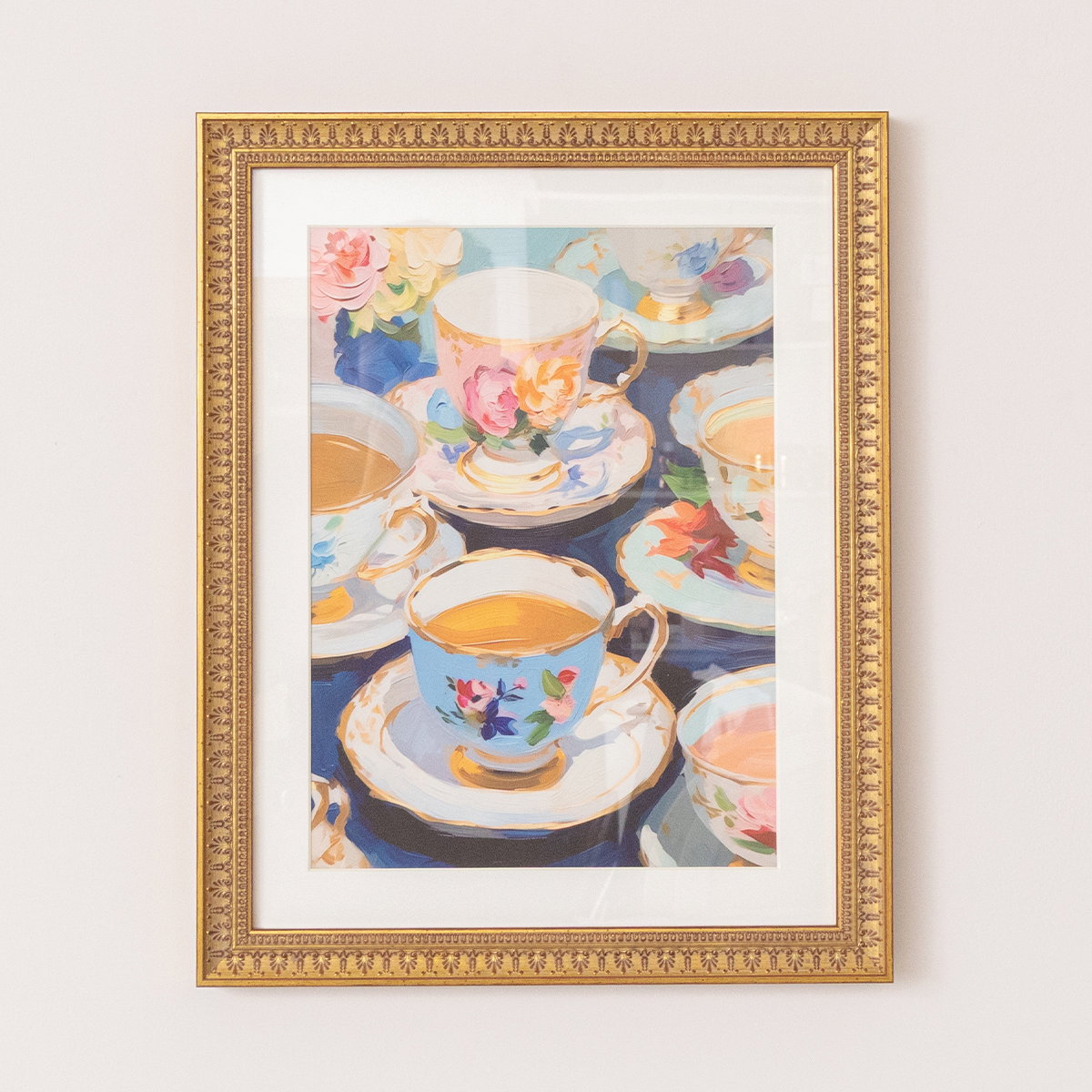 Textured Watercolour Teacups Wall Art / Print with A Gold Frame - 40cm x 50cm