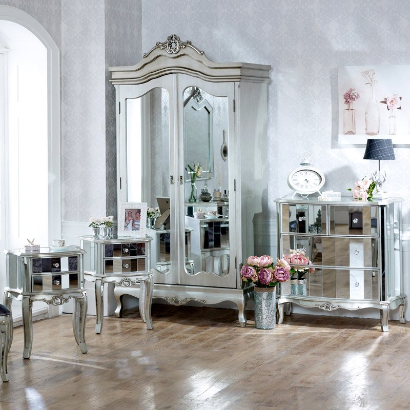 Bedroom Furniture Set, Mirrored Double Wardrobe, Chest of Drawers and Pair of Bedside Chests - Tiffany Range
