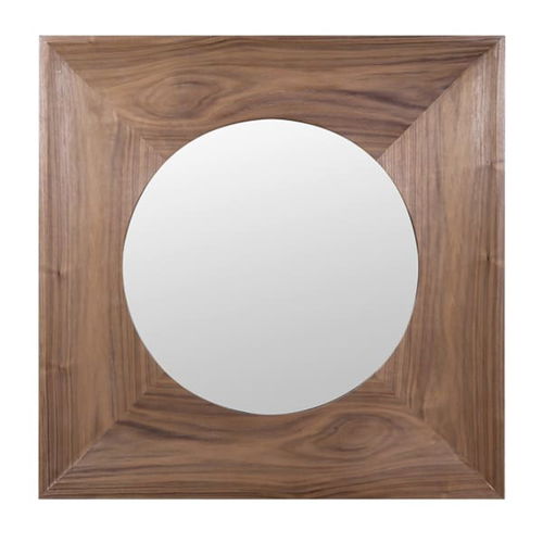 Walnut Wooden Square Framed Round Wall Mirror - 115cm