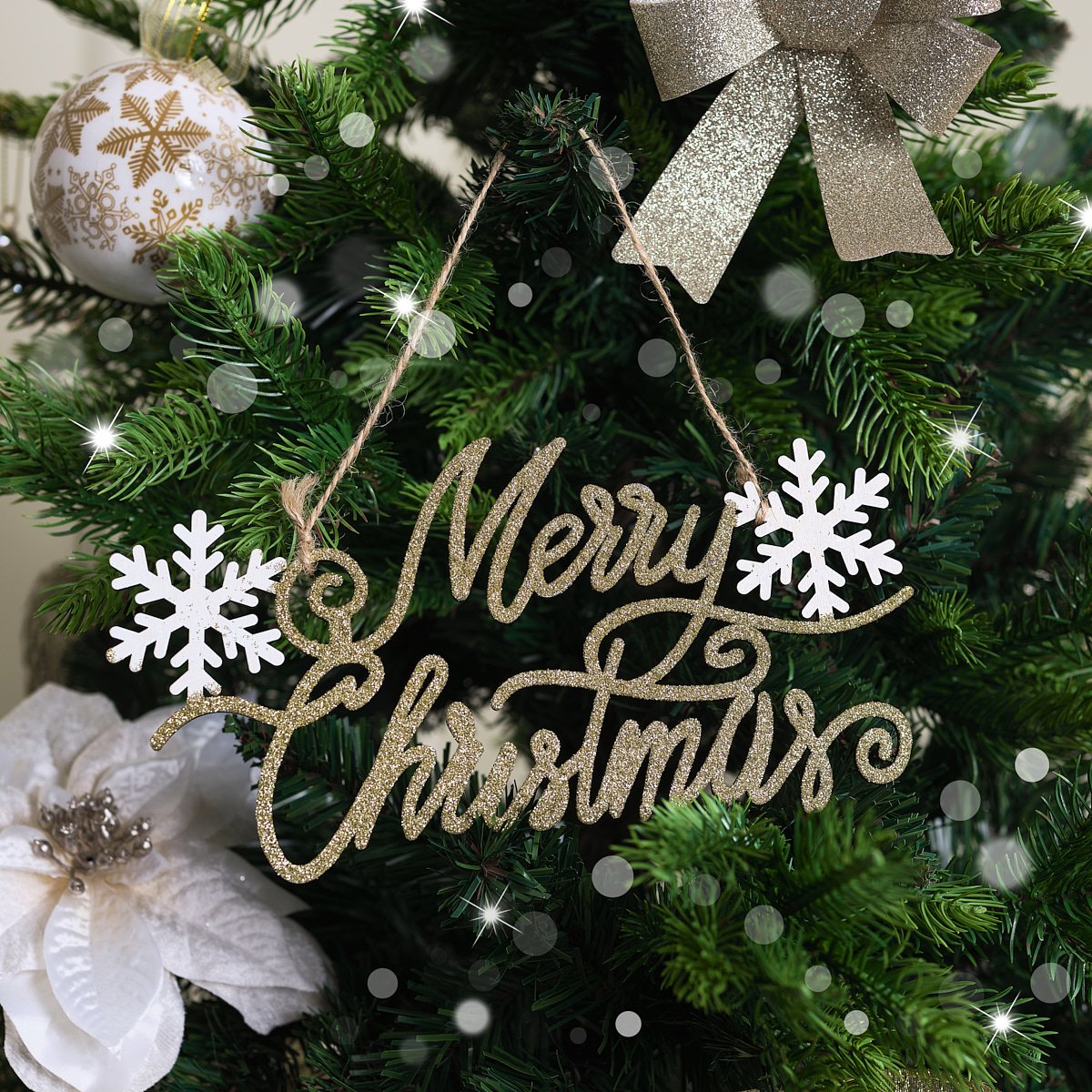 White & Gold Glitter 'Merry Christmas' Hanging Snowflake Sign