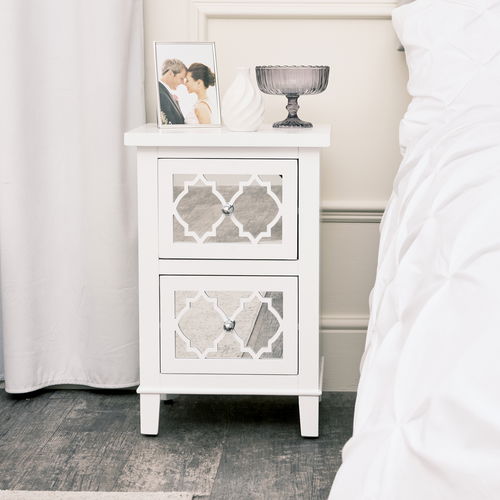 White Mirrored Lattice Bedside Table - Sabrina White Range