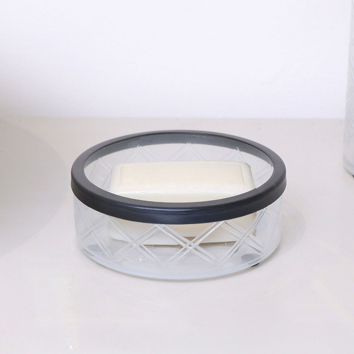 White Patterned Glass Soap Dish with Black Rim   