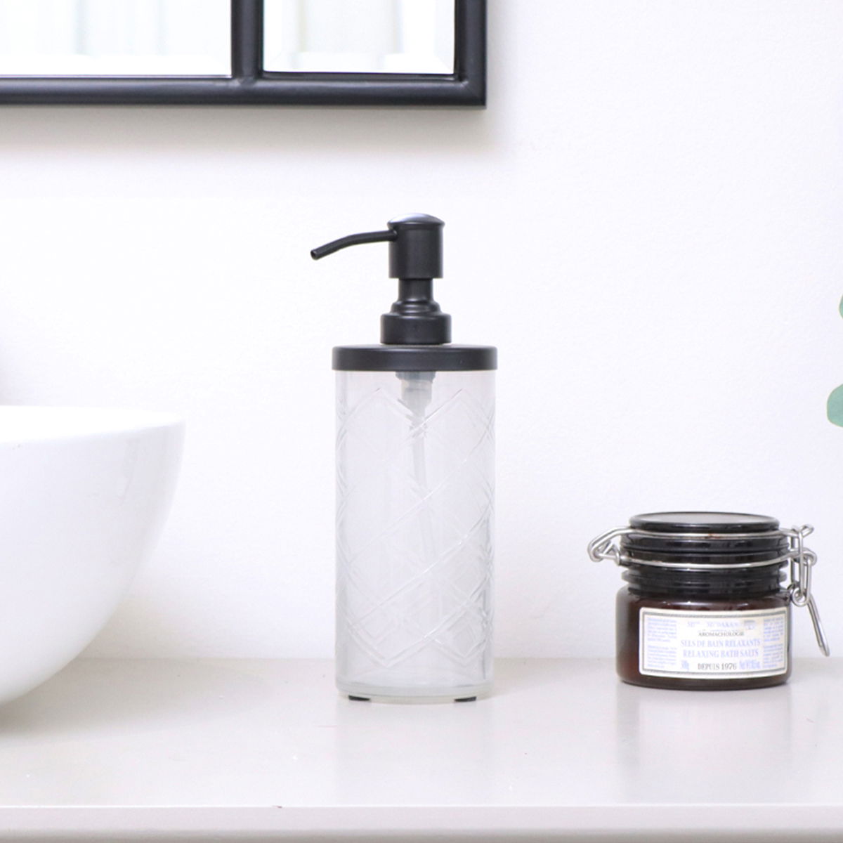 White Patterned Soap Dispenser with Black Rim   