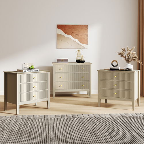 Wide 3 Drawer Chest of Drawers and Pair of Bedside Tables - Hales Taupe Range