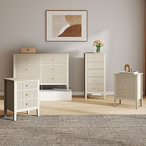 3 Drawer Chest of Drawers, Tall 5 Drawer Bedside Table and Pair of 3 Drawer Bedside Tables - Hales Taupe Range