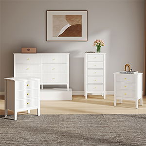 3 Drawer Chest of Drawers, Tall 5 Drawer Bedside Table and Pair of 3 Drawer Bedside Tables - Hales White Range