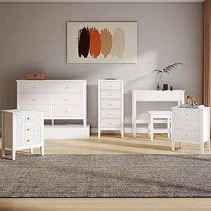 3 Drawer Chest of Drawers, Tall 5 Drawer Bedside Table, Pair of 3 Drawer Bedside Tables and Dressing Table Set - Hales White Range