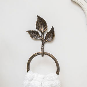 Antique Brass Leaf Detail Textured Towel Ring Holder