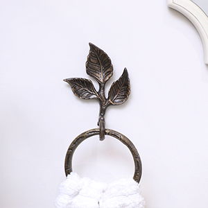 Antique Brass Leaf Detail Textured Towel Ring Holder