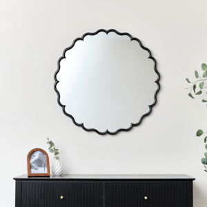 Black Satin Scalloped Frame Round Wall Mirror - 80cm x 80cm