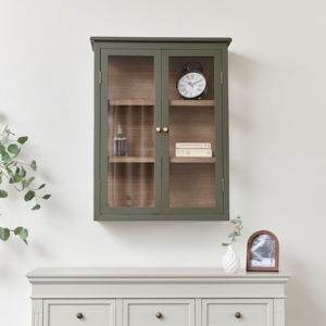 Khaki Green and Wood Wall Cabinet with Glass Front 70cm x 90cm