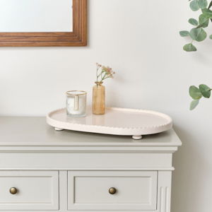 Large Oval Pink Painted Wooden Detailed Tray - 52cm
