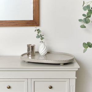 Large Oval Taupe Painted Wooden Detailed Tray - 52cm