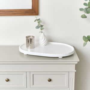Large Oval White Painted Wooden Detailed Tray - 52cm