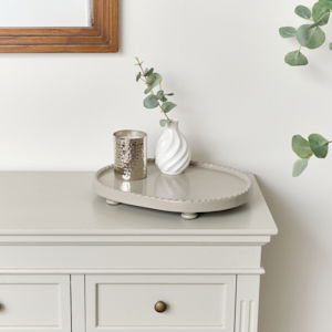 Oval Taupe Painted Wooden Detailed Tray - 38cm