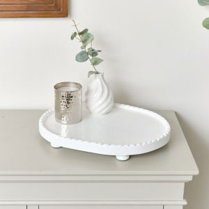 Oval White Painted Wooden Detailed Tray - 38cm