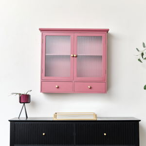 Raspberry Red Reeded Glass Wall Cabinet with Drawers
