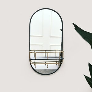 Black Oval Mirror with Shelf & Hooks 70cm x 35cm