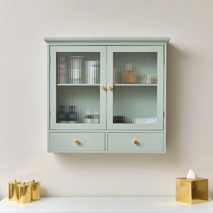 Duck Egg Blue Reeded Glass Wall Cabinet with Drawers