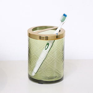 Green Patterned Glass Toothbrush Holder with Gold Rim