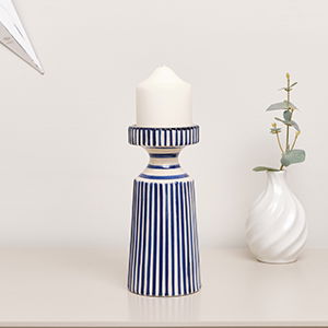 Hand Painted Blue and White Striped Ceramic Candle Holder