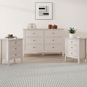 Large 6 Drawer Chest of Drawers and Pair of one Drawer Bedside Tables - Rowley Pale Cream Range